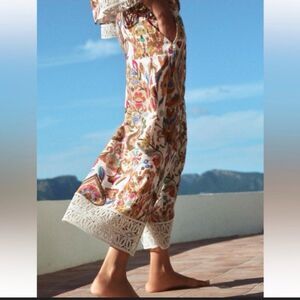Zara Women's Floral Wide-Leg Cropped Pants Lace Trim Multicolor Size L Boho